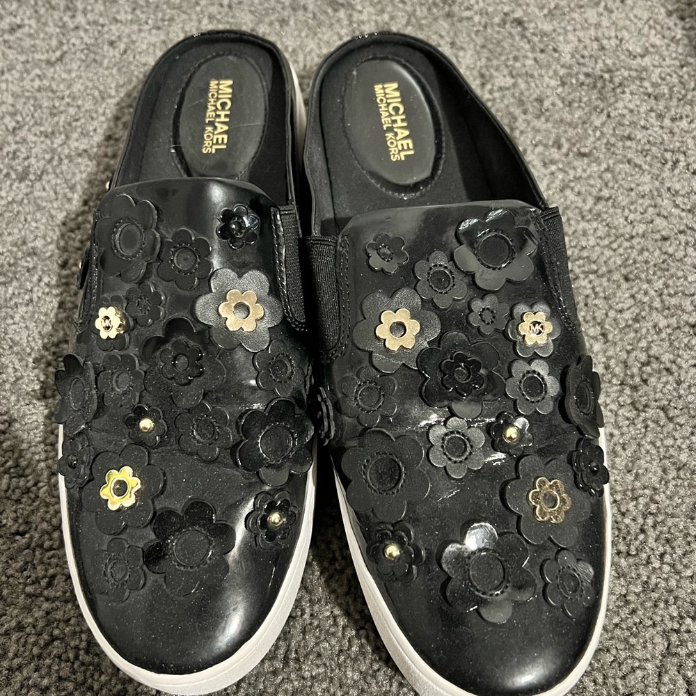 Michael Kors Black and Gold Floral Backless Mules